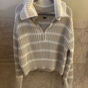 American Eagle Outfitters Cream and White Striped Turtleneck Sweater